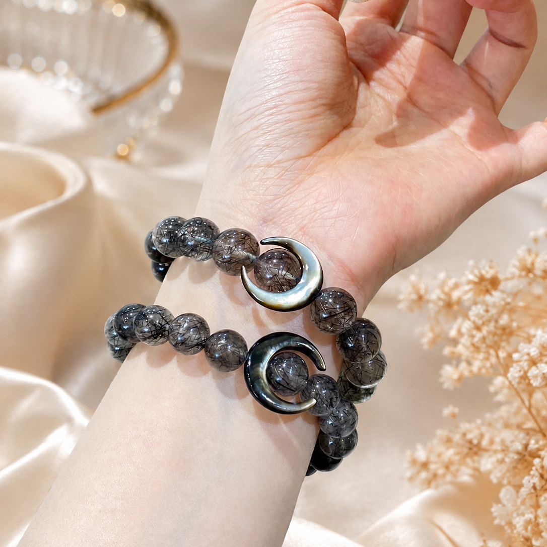 Natural Black Hair Crystal Silver Obsidian Moon Ethnic Style Bracelet