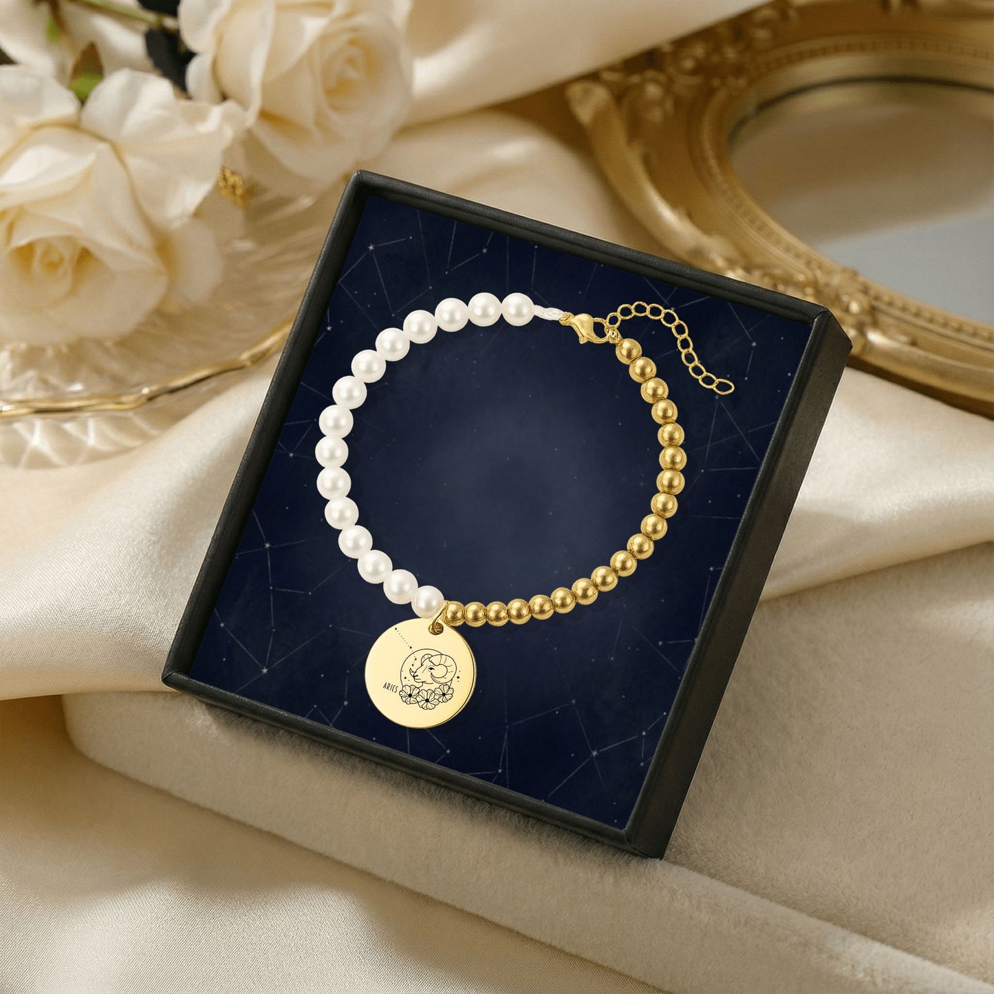 Aries Premium Pearl & Gold Coin Bracelet: Mother of Pearl