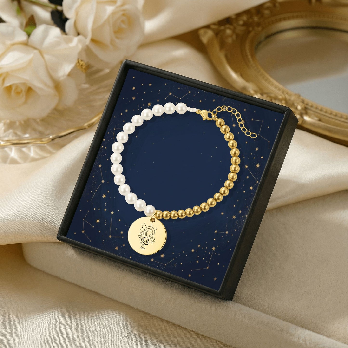 Virgo Premium Pearl & Gold Coin Bracelet: Mother of Pearl