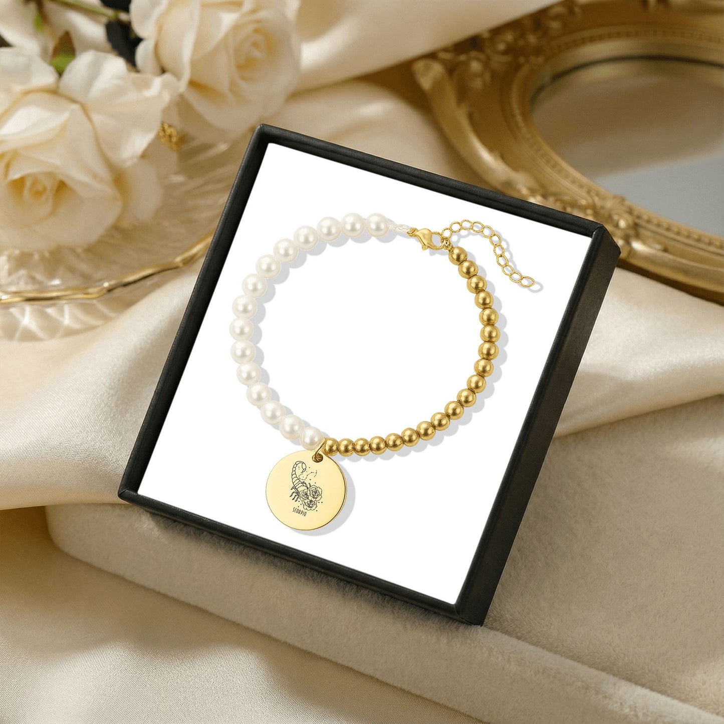 Scorpio Premium Pearl & Gold Coin Bracelet: Mother of Pearl