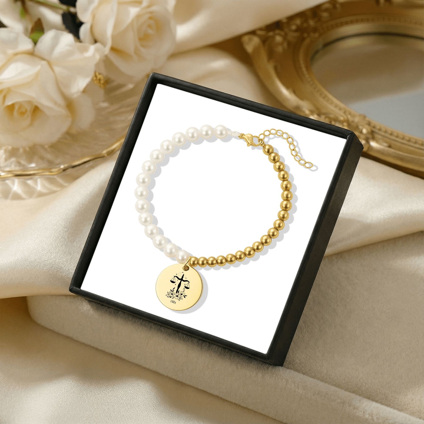 Libra Premium Pearl & Gold Coin Bracelet: Mother of Pearl