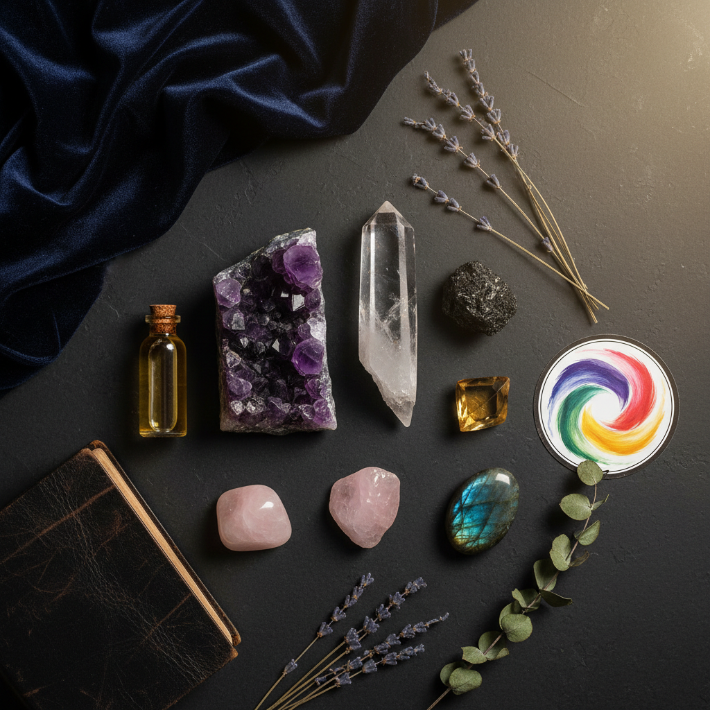 Crystal healing flat lay with amethyst, quartz, rose quartz and essential oils on dark background