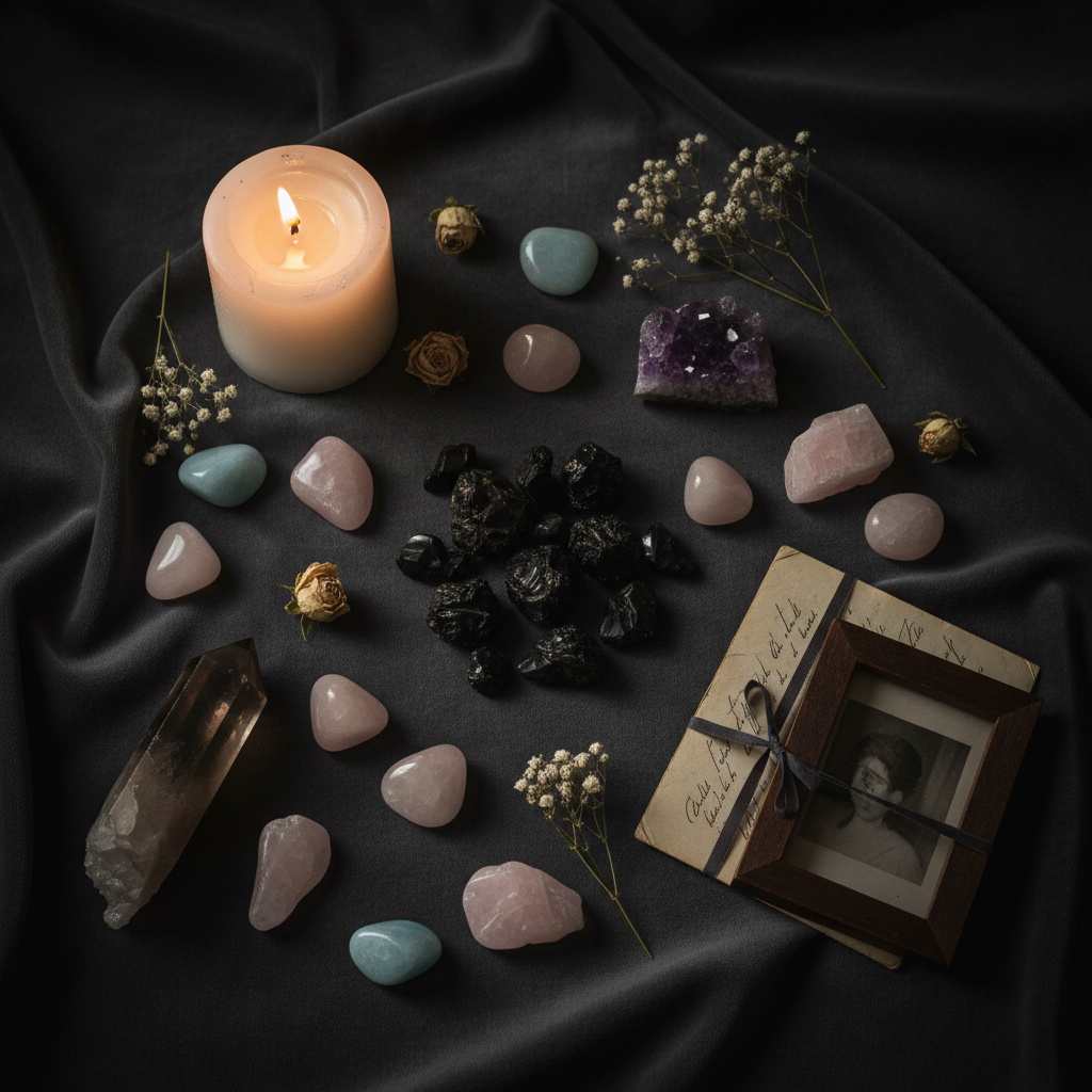 Healing crystals with candle and white flowers on dark background
