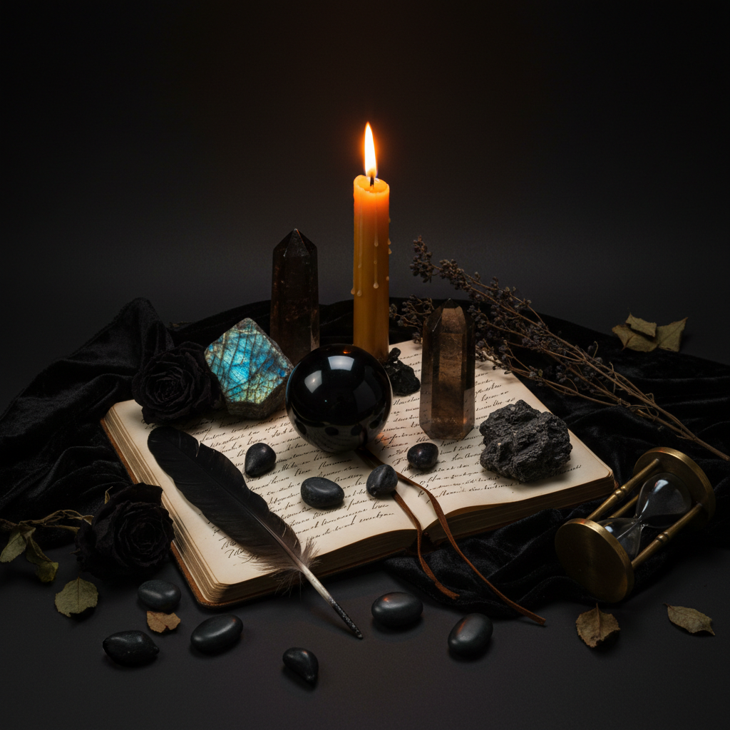 Dark crystals with journal and candle for shadow work on near-black background