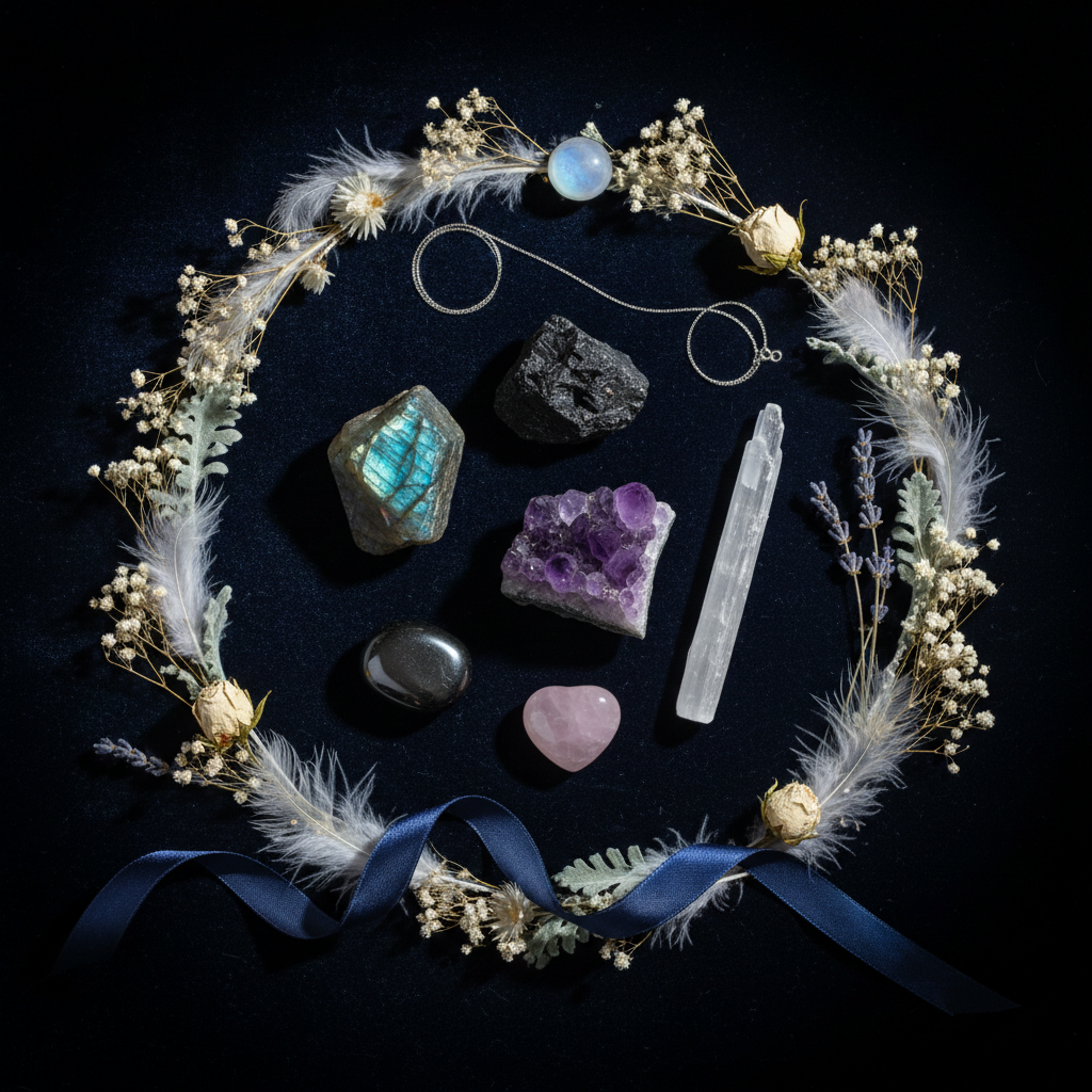 Empath protection crystal flat lay with labradorite, black tourmaline, amethyst and selenite
