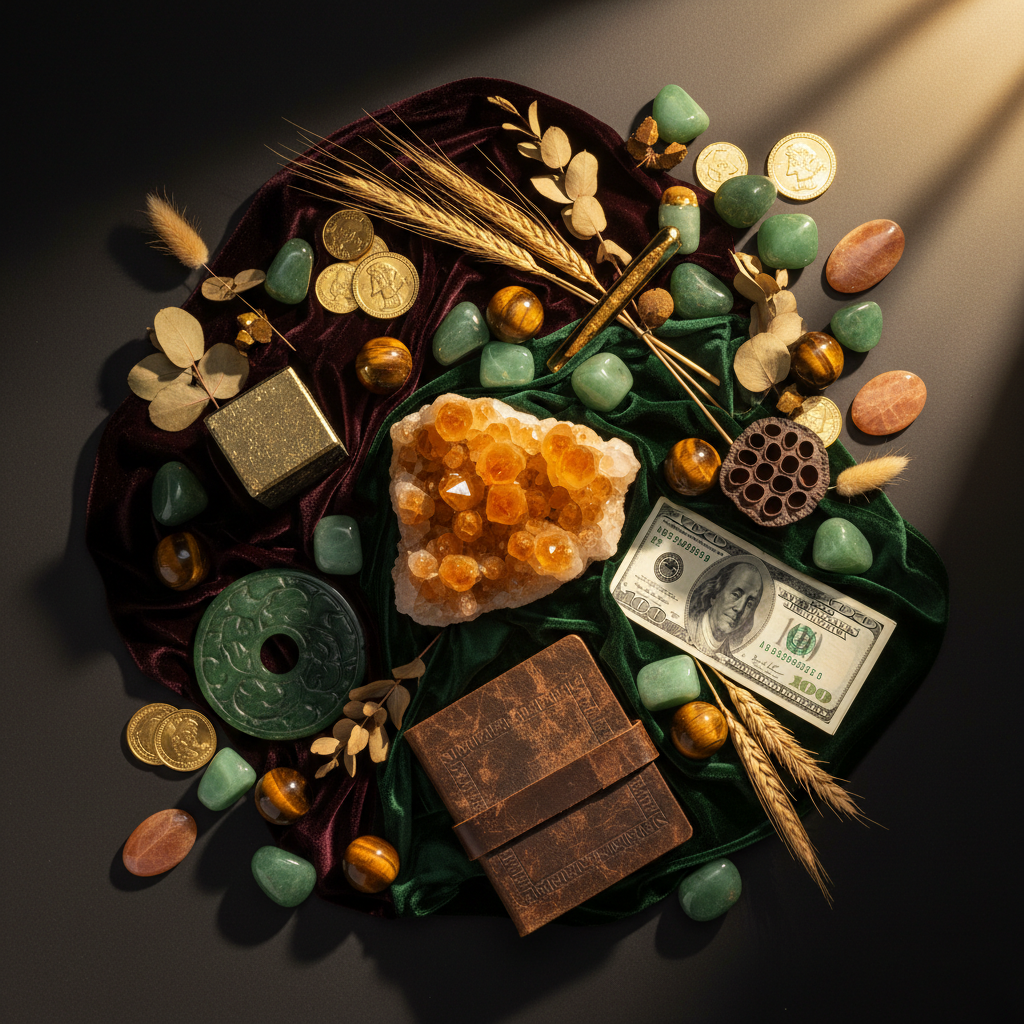 Flat lay of prosperity crystals including citrine, pyrite and jade with gold coins on dark background
