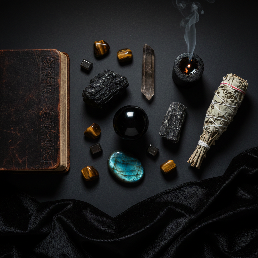 Flat lay of protection crystals including black tourmaline, obsidian and sage on dark background