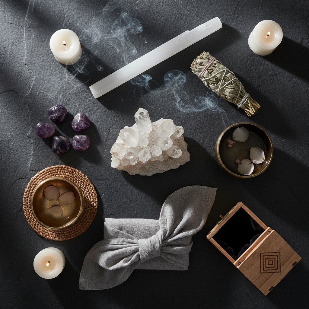 Crystal care flat lay with selenite, sage, singing bowl and clear quartz on dark background