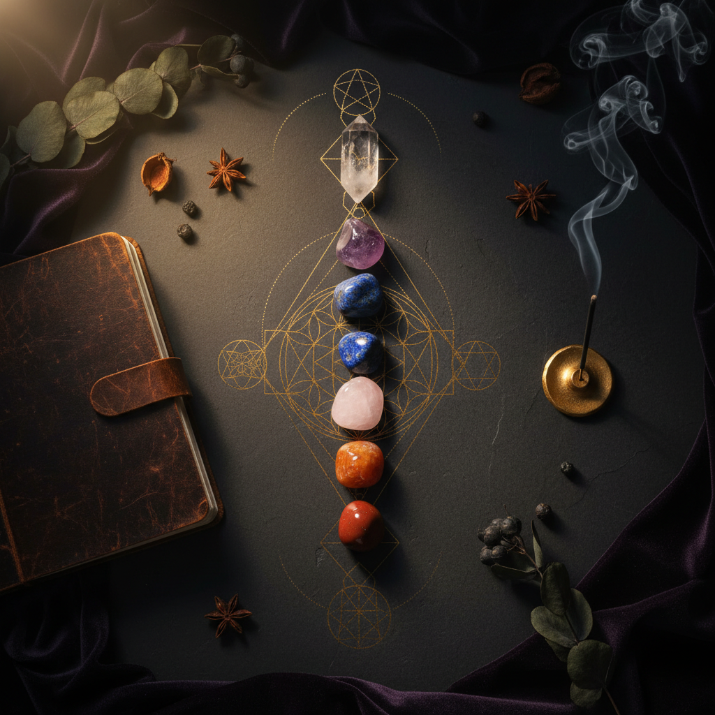 Seven chakra crystals arranged vertically with sacred geometry on dark background