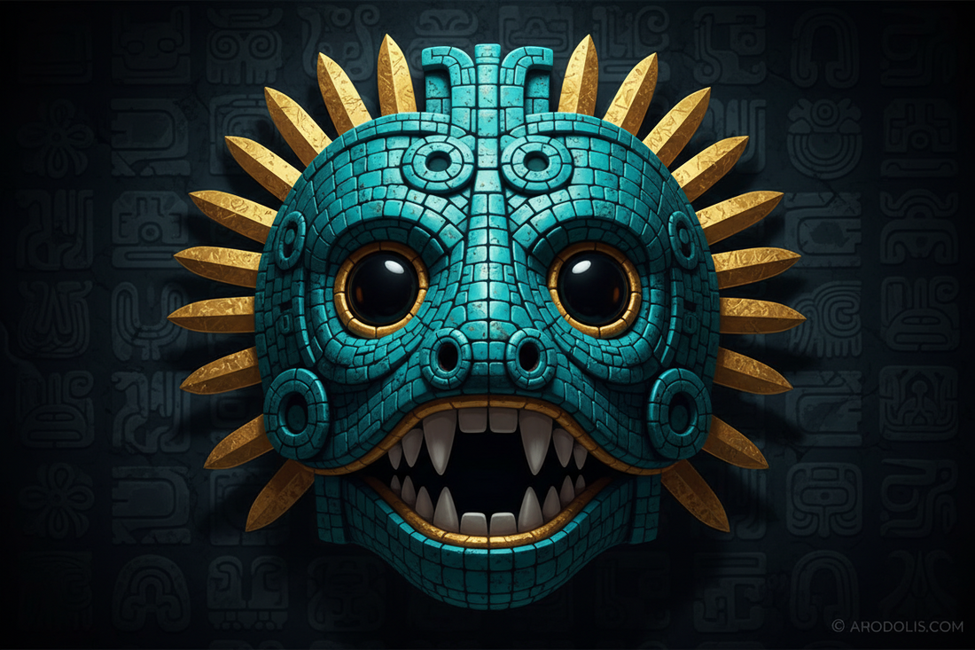 Aztec Turquoise Mosaic: Quetzalcoatl Mask Art