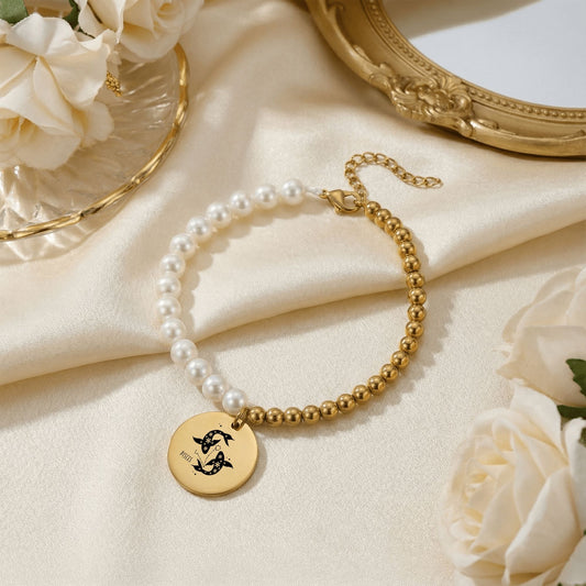 Pisces Premium Pearl and Gold Coin Bracelet — pearl healing for emotional protection and intuitive clarity