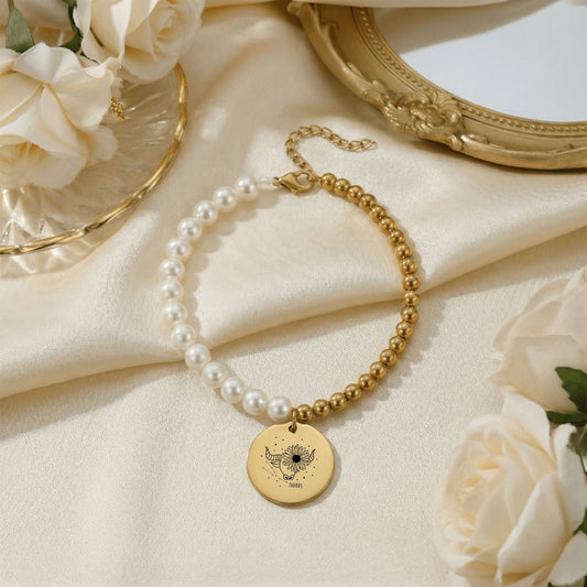 Taurus Premium Pearl and Gold Coin Bracelet — sacred bull Venus mythology and pearl symbolism