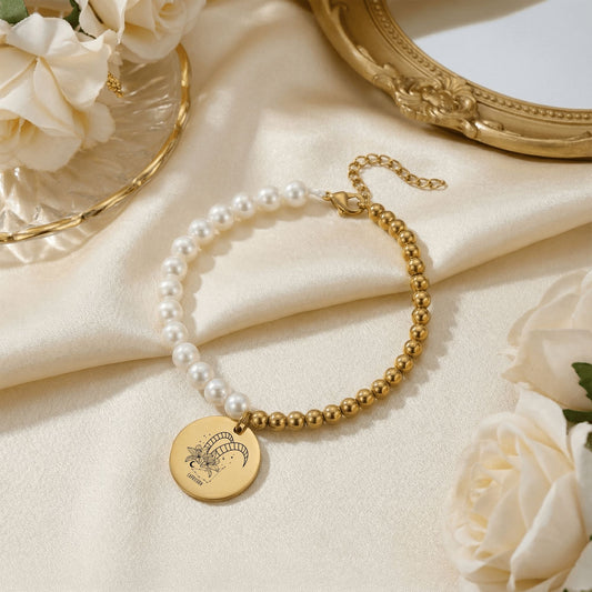 Capricorn Premium Pearl and Gold Coin Bracelet — pearl healing for Capricorn Saturn energy balance