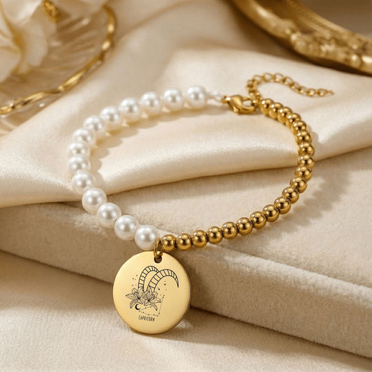 Capricorn Premium Pearl and Gold Coin Bracelet — mother of pearl for the mountain goat of the zodiac