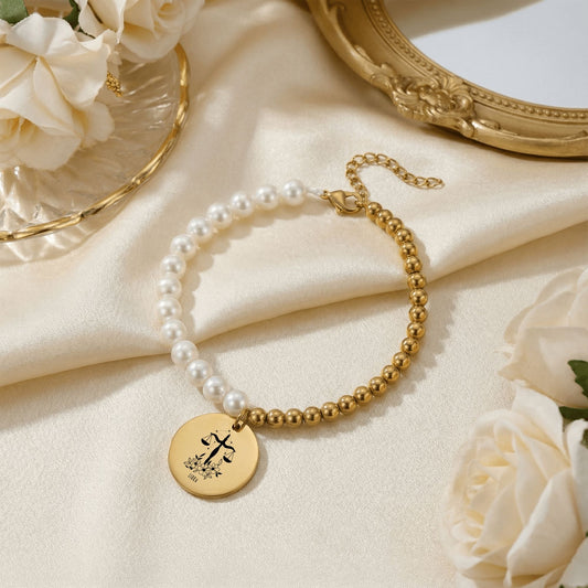 Libra Premium Pearl and Gold Coin Bracelet — pearl healing for Libra balance and heart chakra self-love