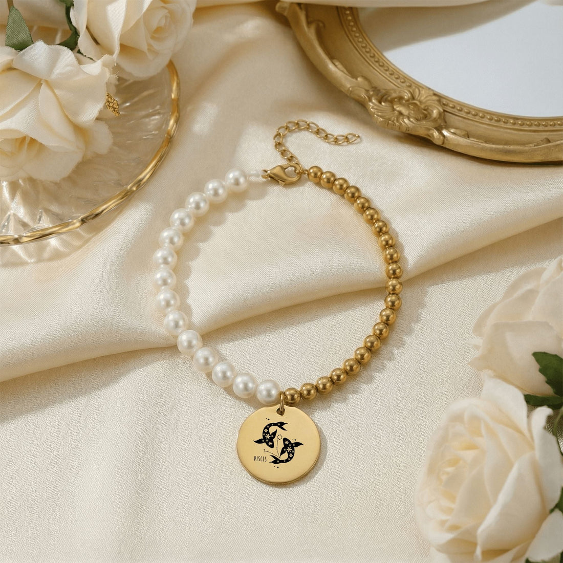 Pisces Premium Pearl and Gold Coin Bracelet — Pisces mythology fish water symbolism