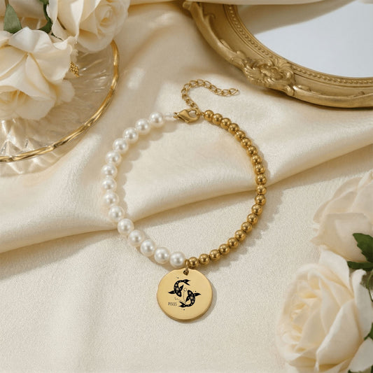 Pisces Premium Pearl and Gold Coin Bracelet — Pisces mythology fish water symbolism
