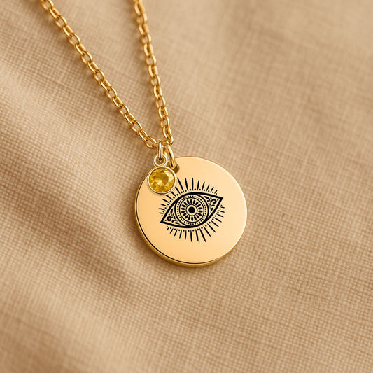 Evil Eye Coin Necklace with Birthstone worn daily as a personal protection and healing talisman