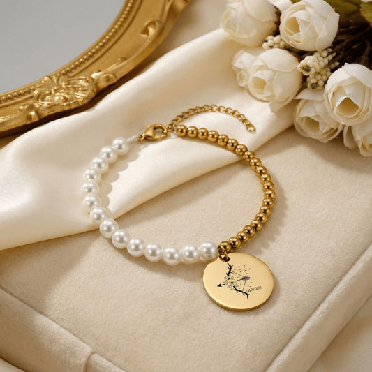 Sagittarius Premium Pearl and Gold Coin Bracelet — the perfect meaningful gift for the zodiac's adventurer