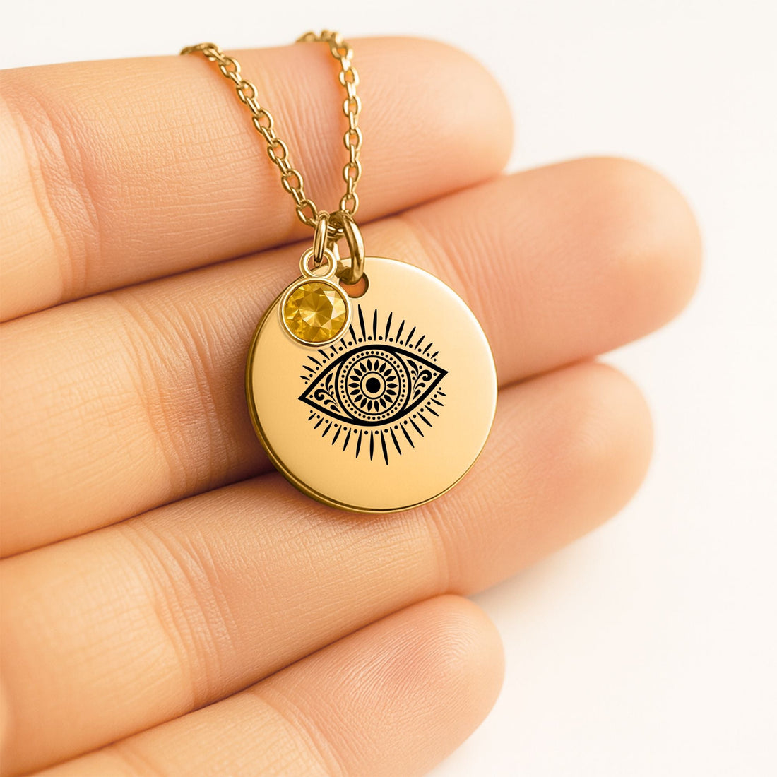 Evil Eye Coin Necklace with custom engraving — personalized birthstone jewelry with front and back laser engraving