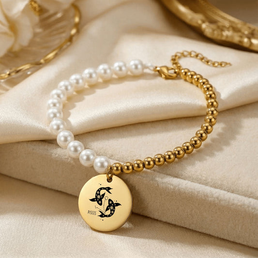 Pisces Premium Pearl and Gold Coin Bracelet — mother of pearl the perfect stone for Pisces