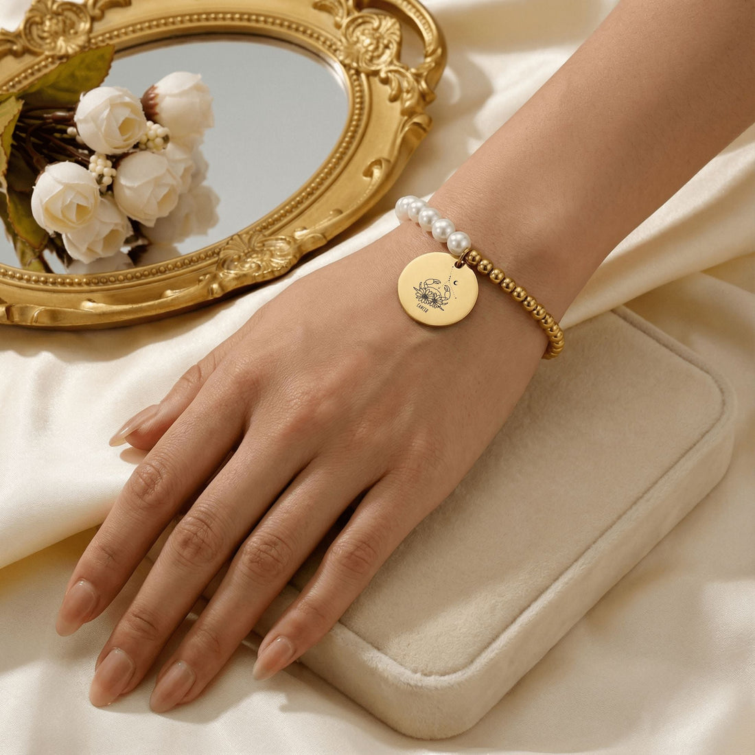 Cancer Premium Pearl and Gold Coin Bracelet — lunar approach to pearl jewelry care