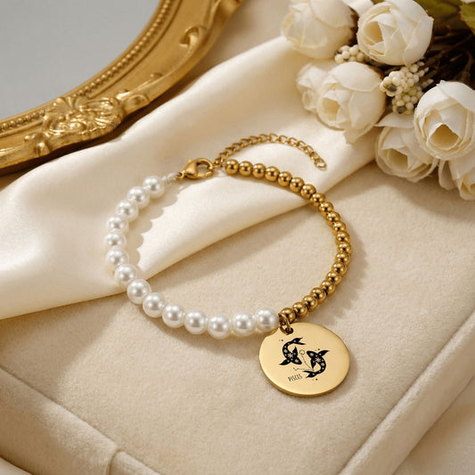Pisces Premium Pearl and Gold Coin Bracelet — the perfect personalized gift for Pisces