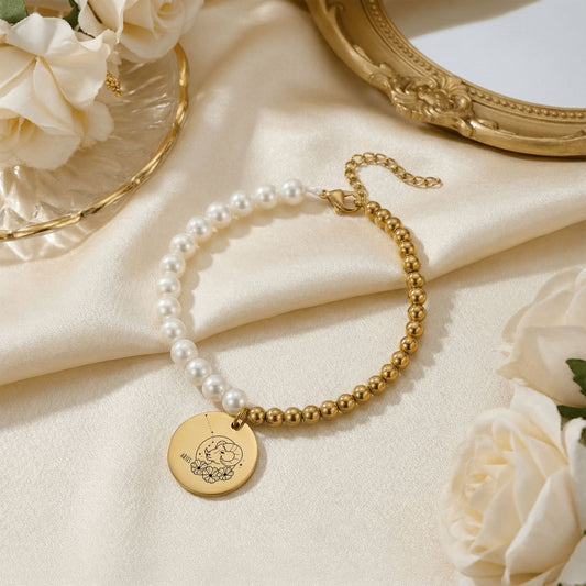 Aries Premium Pearl and Gold Coin Bracelet — pearl healing for Aries fire energy balance