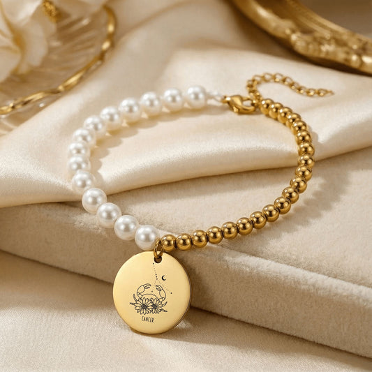 Cancer Premium Pearl and Gold Coin Bracelet — the moon's child and the ocean's gem