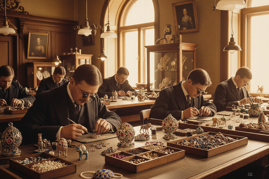 Fabergé workshop St Petersburg, master craftsmen creating imperial gemstone pieces, Russian imperial era