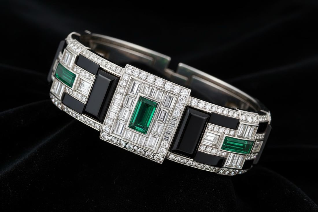 French Art Deco jewelry, geometric diamond and emerald bracelet with black onyx, 1920s Cartier style