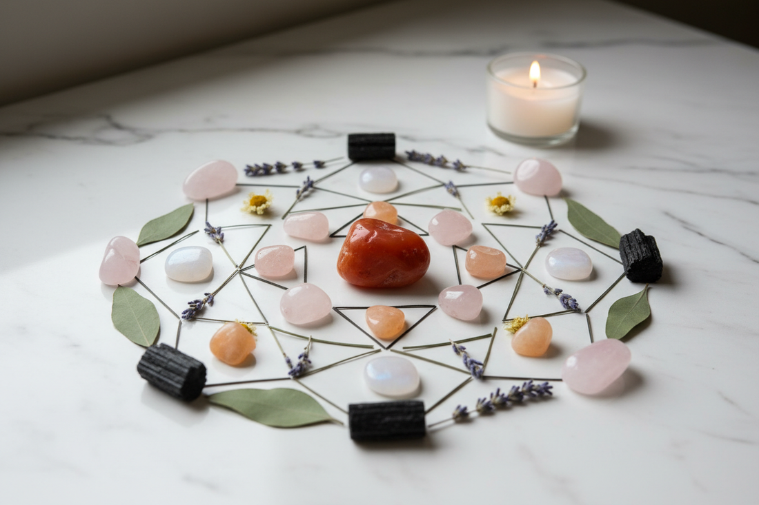 Sacral Chakra Crystal Layout for Emotional Trauma Healing