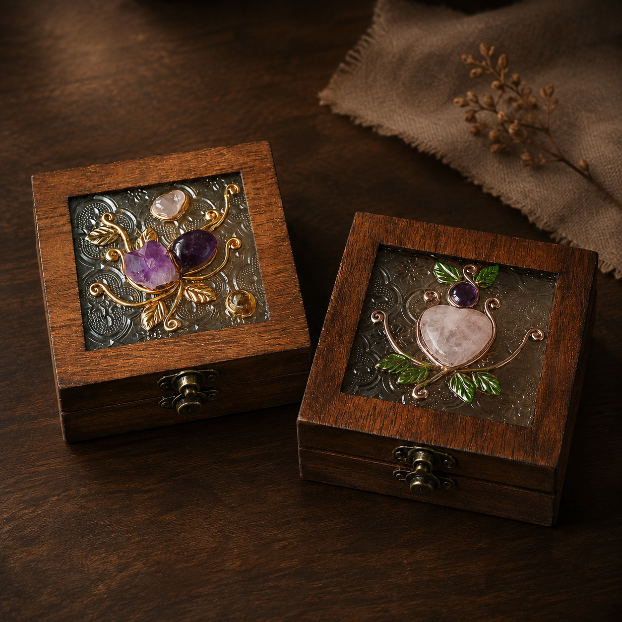 Crystal Wooden Jewelry Box | Rose Quartz & Amethyst Decorative Storage Box