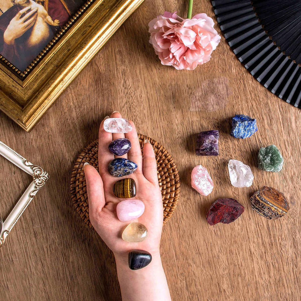 Natural Crystal Seven-color Set, Crystal Pyramid crystal, Rough stone, Colling stone set