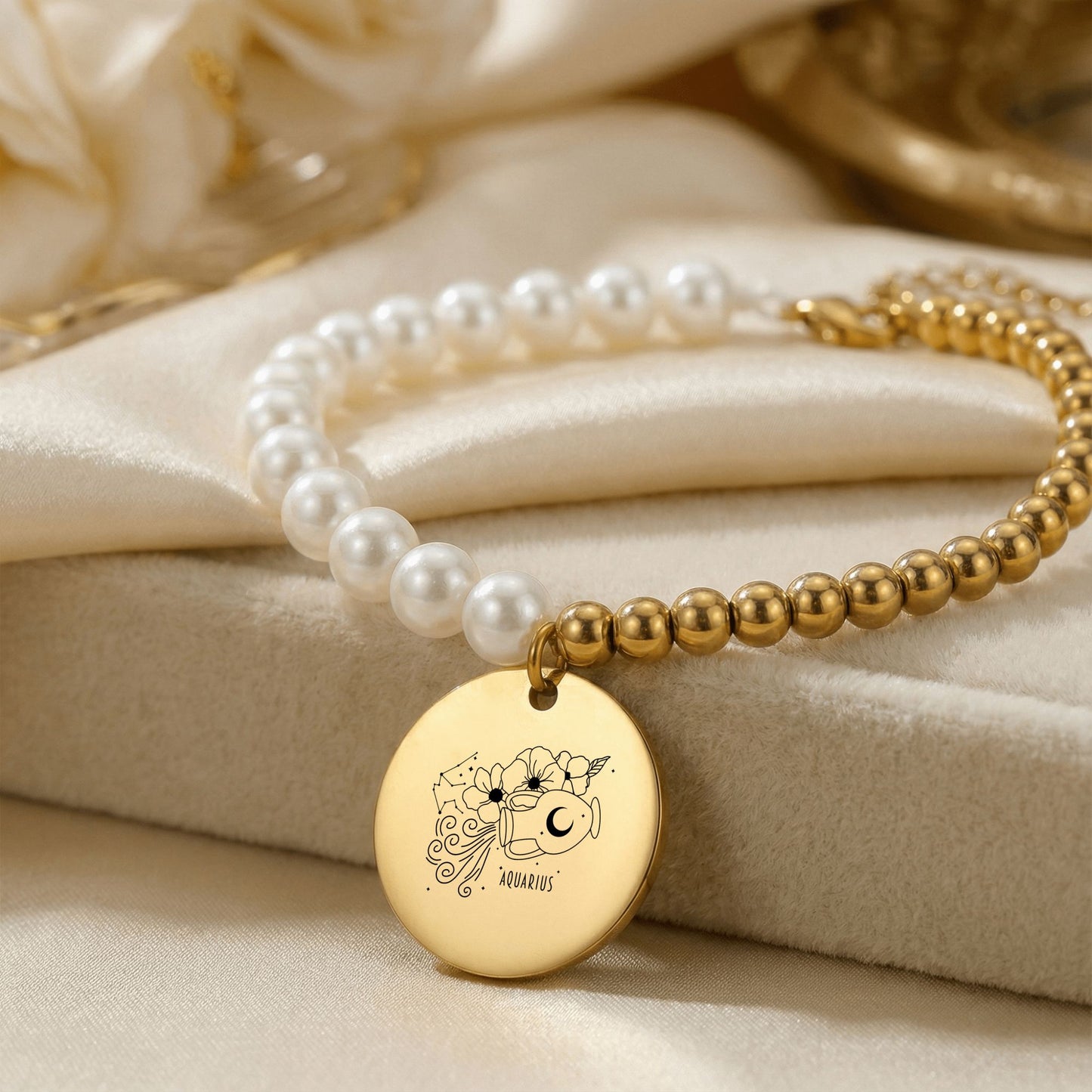 Aquarius Premium Pearl & Gold Coin Bracelet: Mother of Pearl