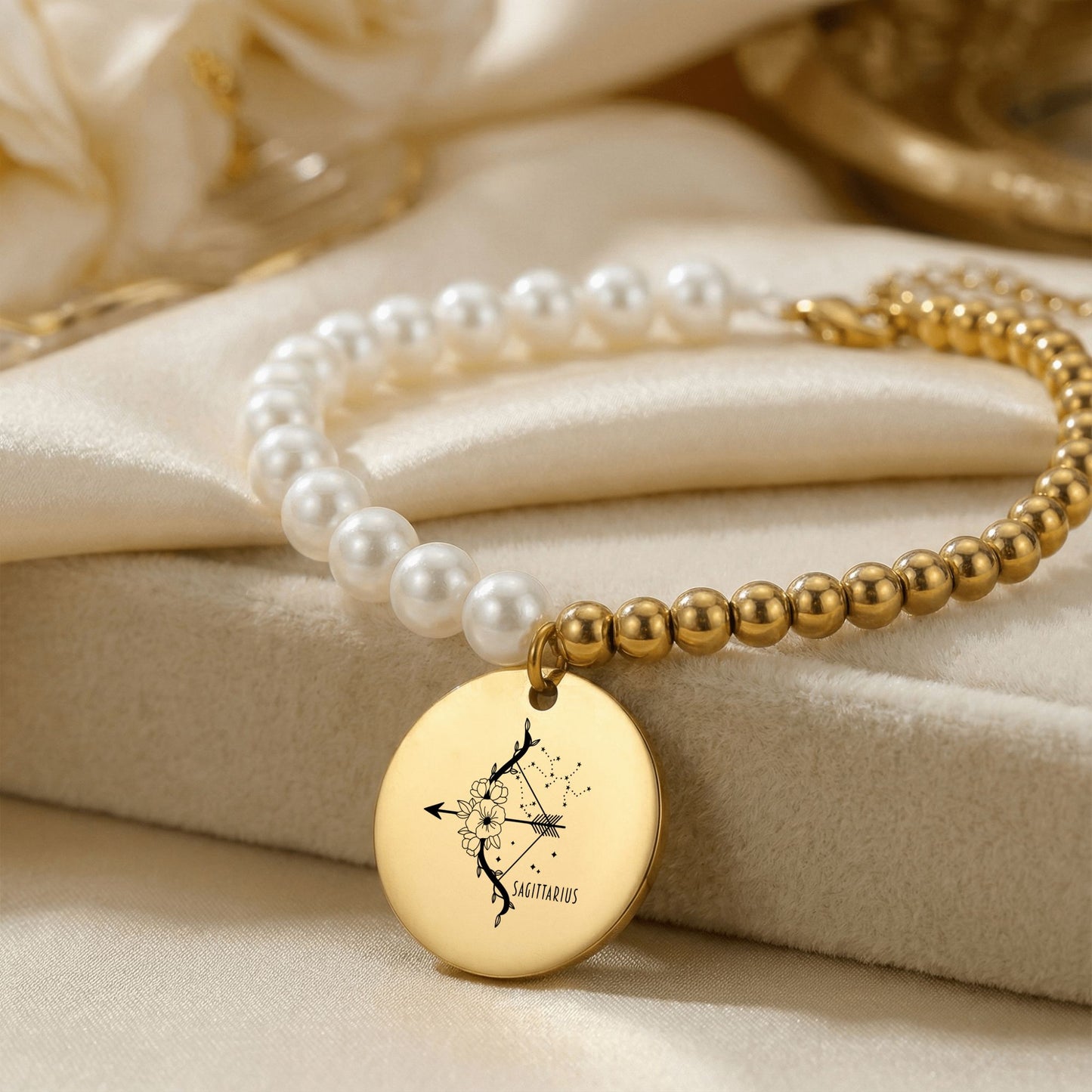 Sagittarius Premium Pearl & Gold Coin Bracelet: Mother of Pearl