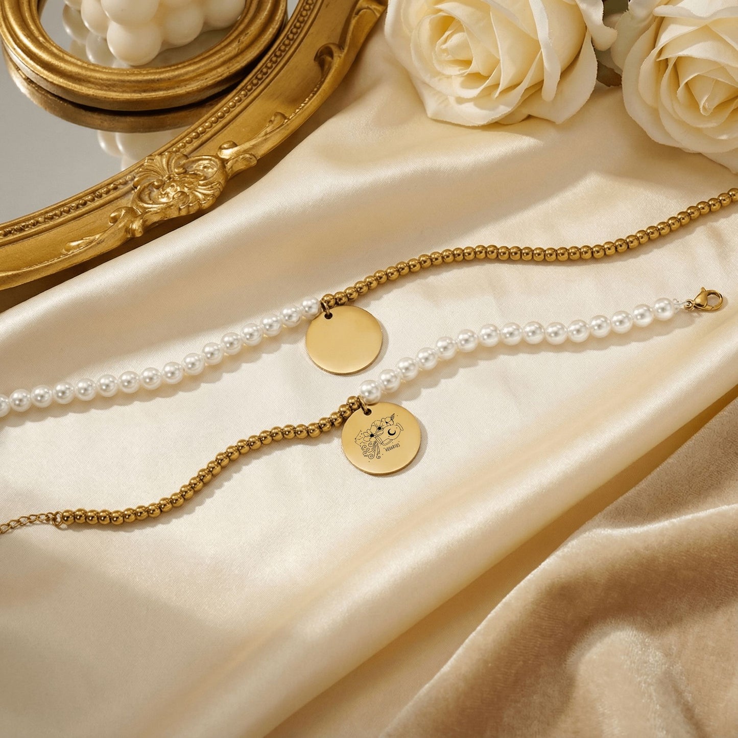 Aquarius Premium Pearl & Gold Coin Bracelet: Mother of Pearl