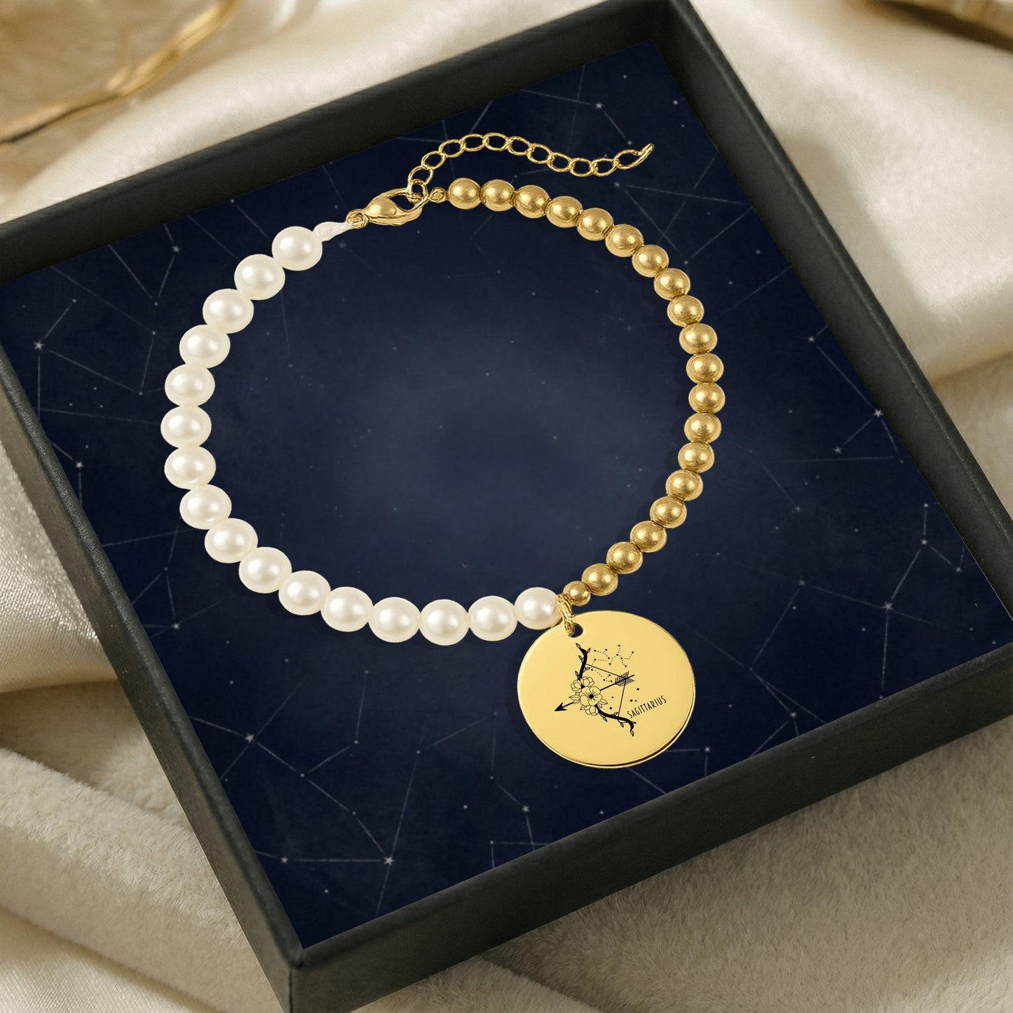 Sagittarius Premium Pearl & Gold Coin Bracelet: Mother of Pearl