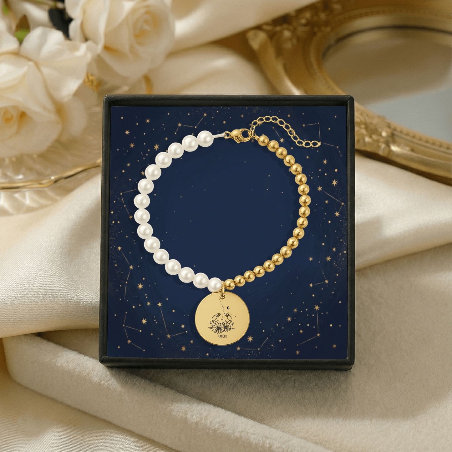 Cancer Premium Pearl & Gold Coin Bracelet: Mother of Pearl