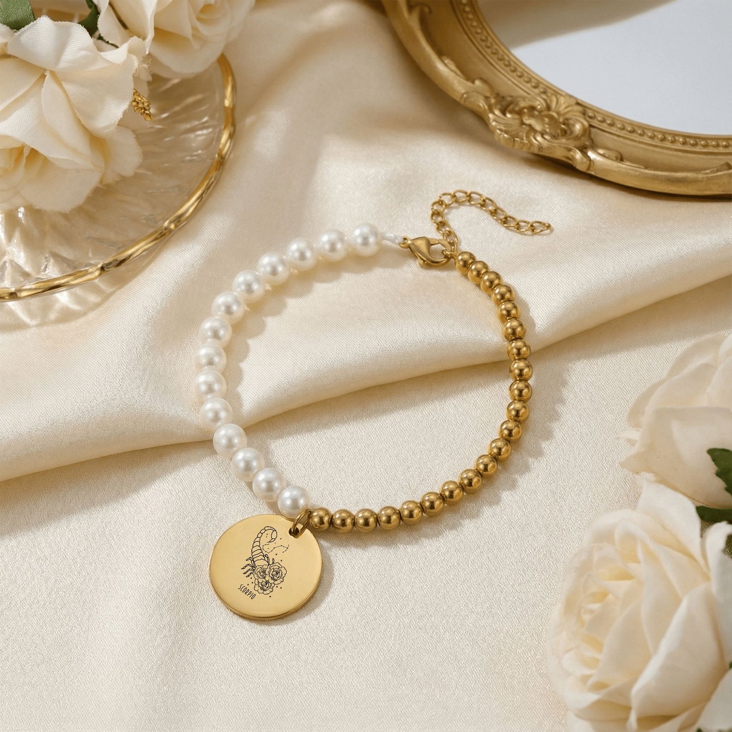 Scorpio Premium Pearl & Gold Coin Bracelet: Mother of Pearl