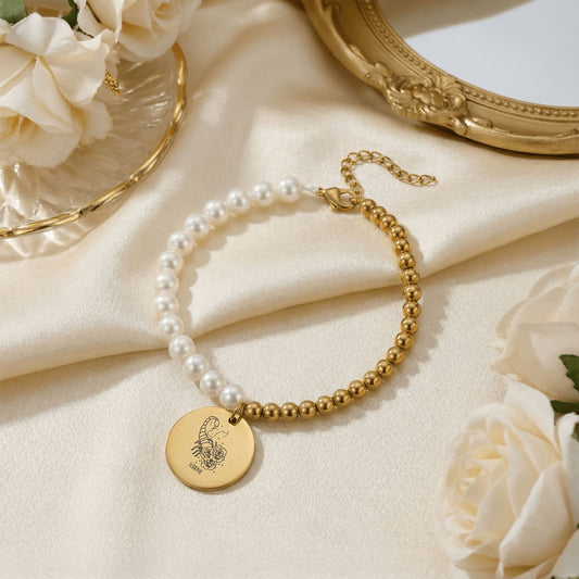 Scorpio Premium Pearl & Gold Coin Bracelet: Mother of Pearl