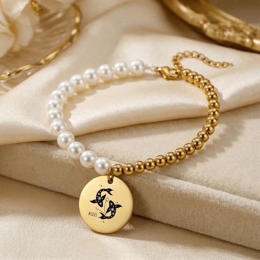 Pisces Premium Pearl & Gold Coin Bracelet: Mother of Pearl