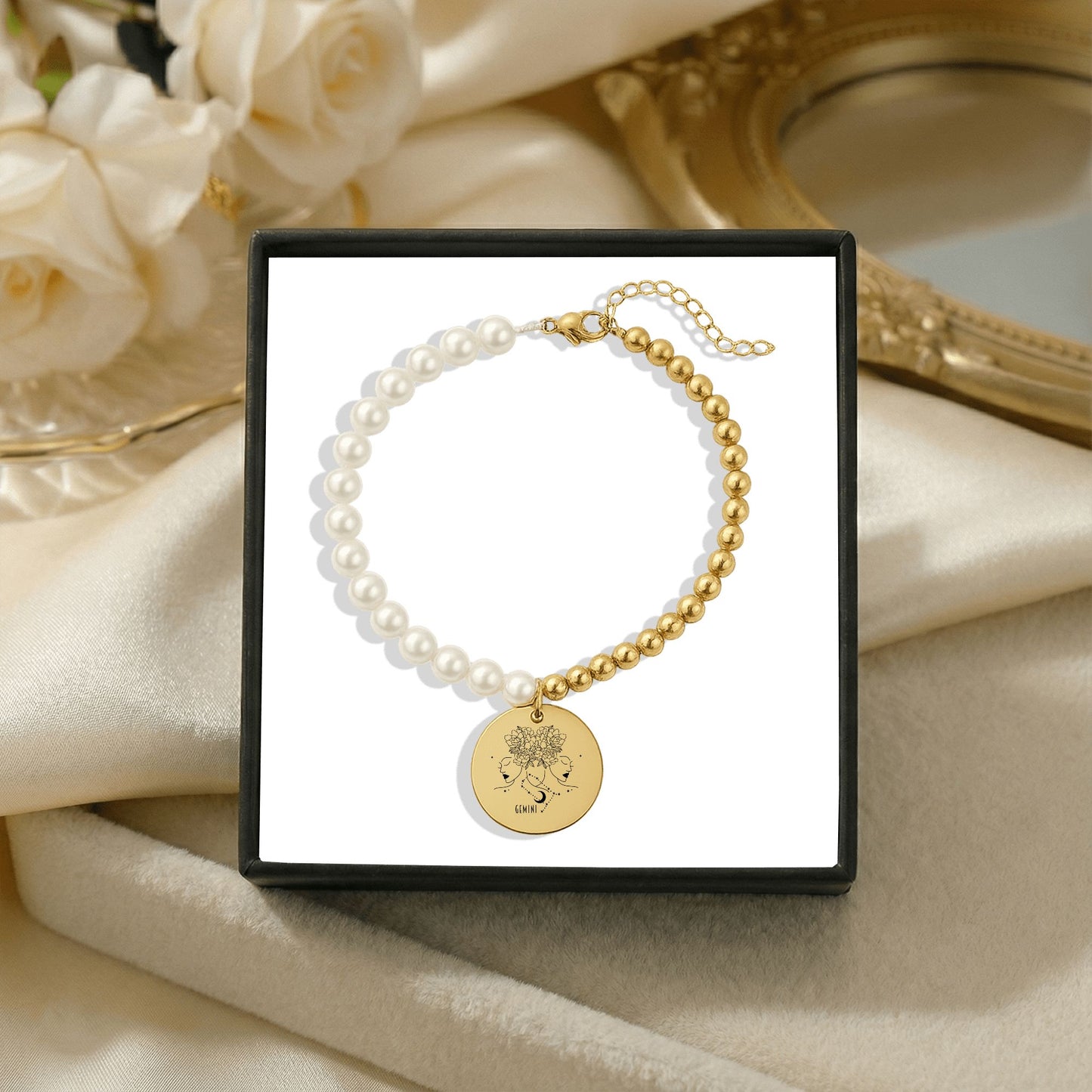 Gemini Premium Pearl & Gold Coin Bracelet: Mother of Pearl