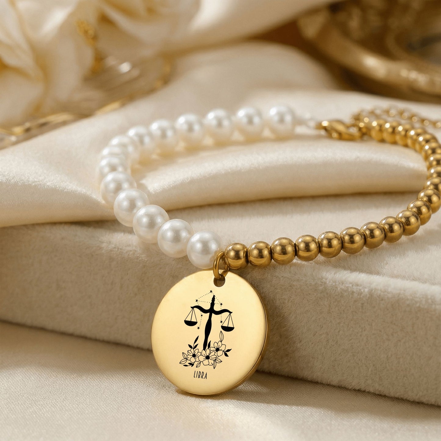 Libra Premium Pearl & Gold Coin Bracelet: Mother of Pearl