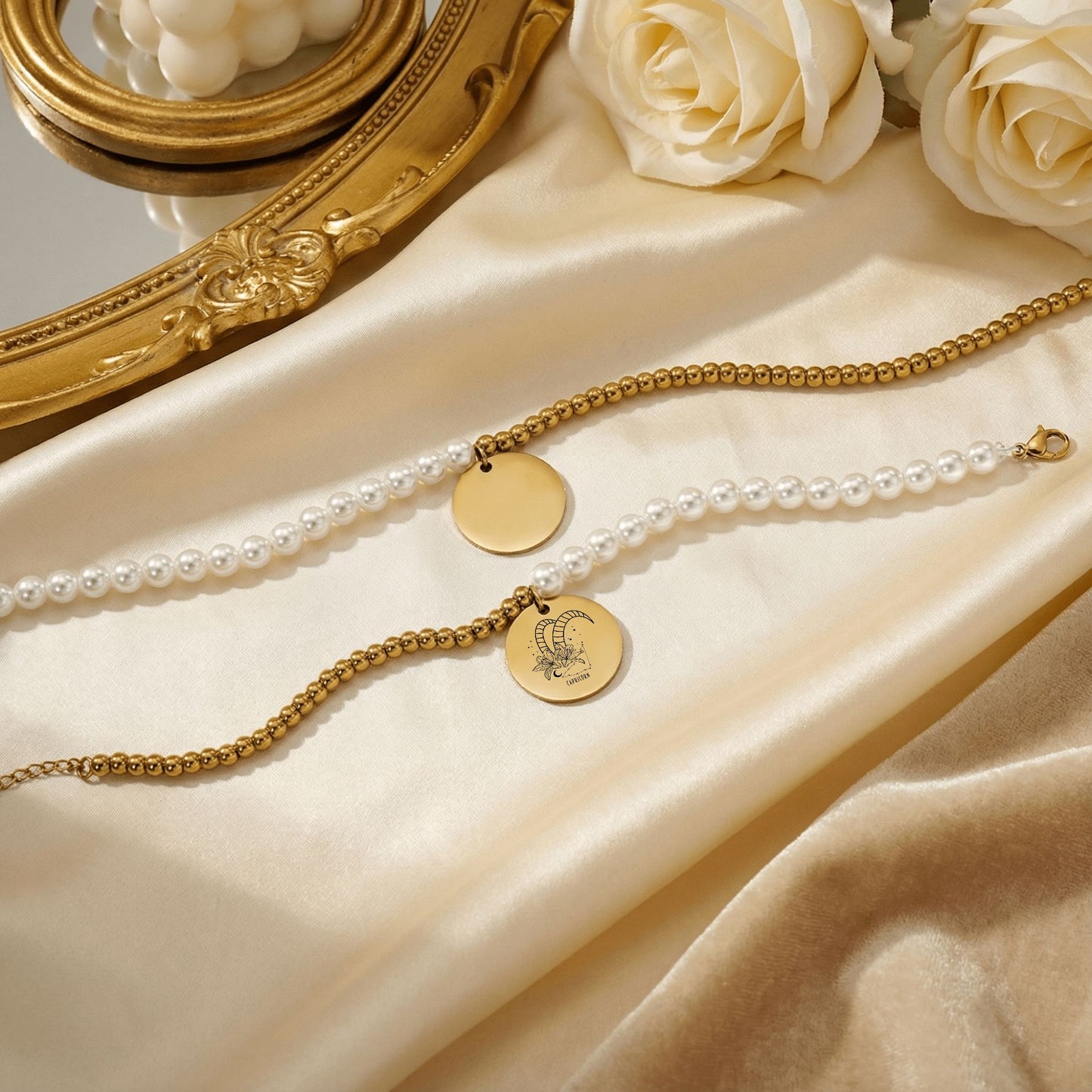 Capricorn Premium Pearl & Gold Coin Bracelet: Mother of Pearl