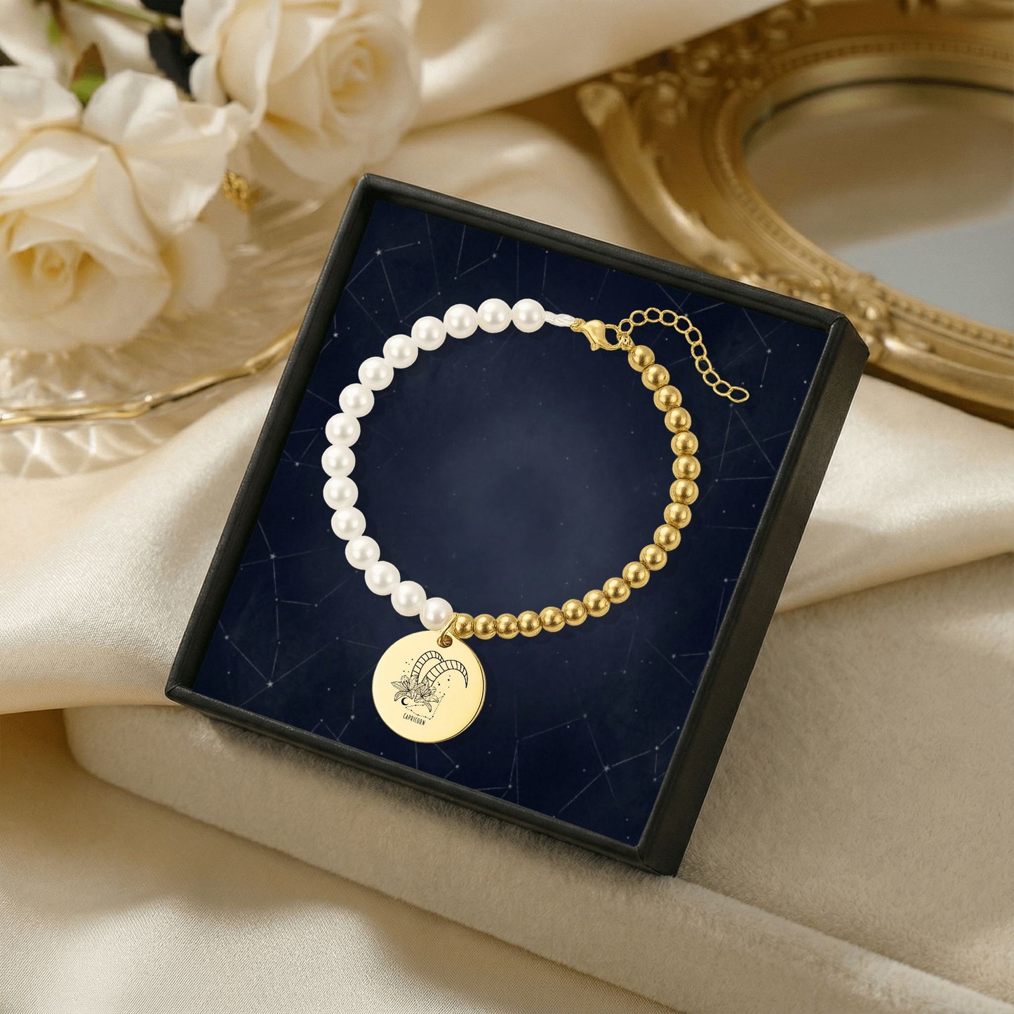 Capricorn Premium Pearl & Gold Coin Bracelet: Mother of Pearl
