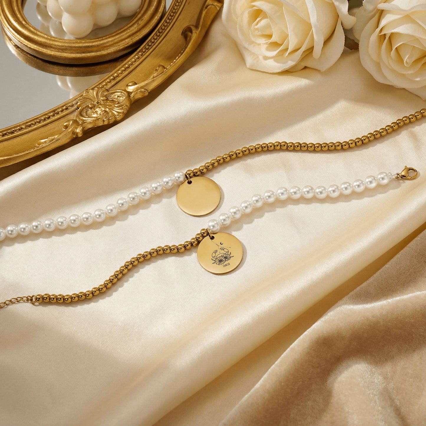 Cancer Premium Pearl & Gold Coin Bracelet: Mother of Pearl