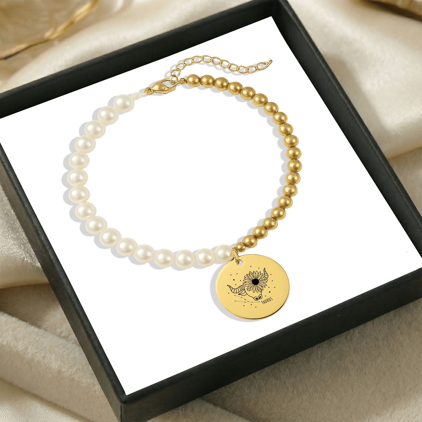 Taurus Premium Pearl & Gold Coin Bracelet: Mother of Pearl