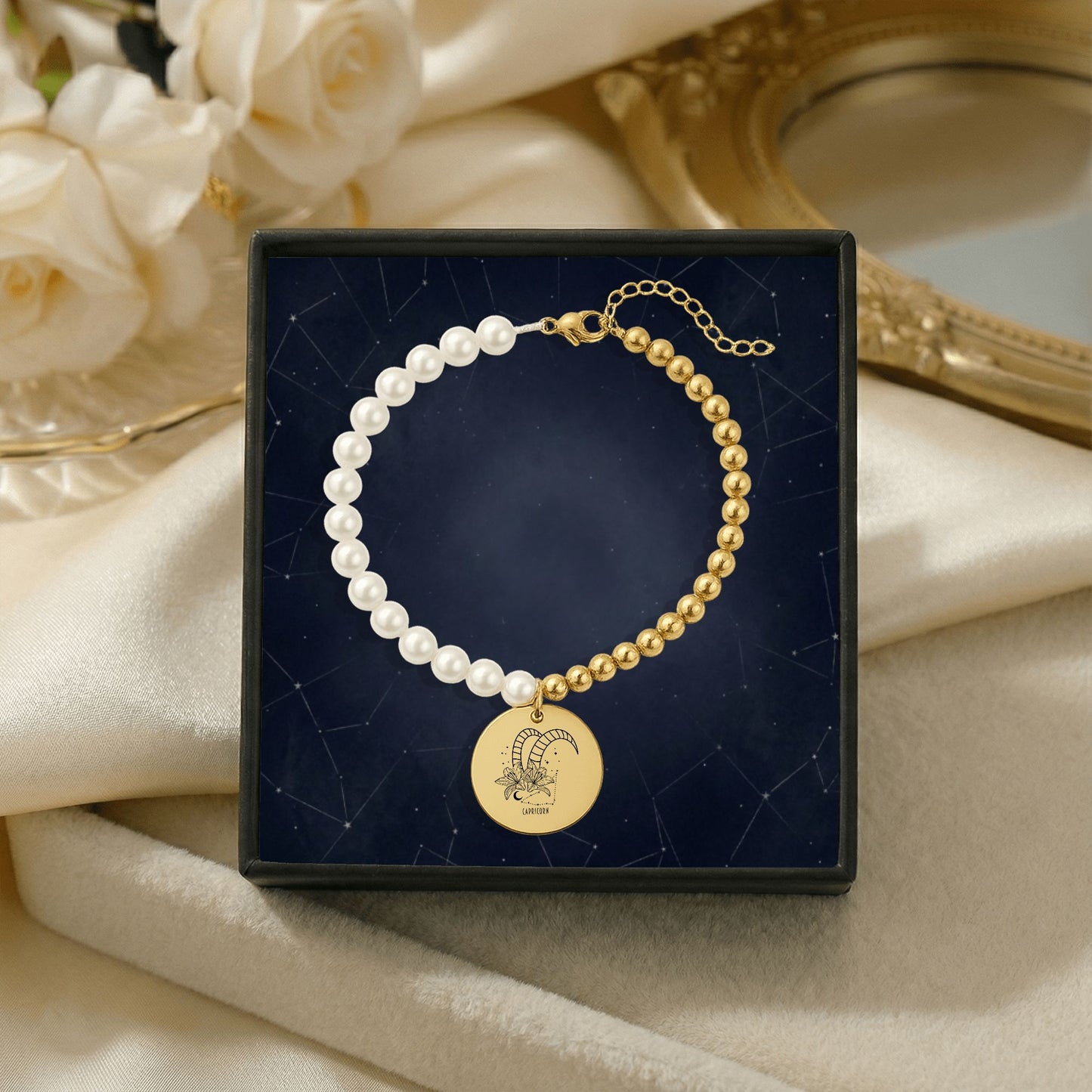 Capricorn Premium Pearl & Gold Coin Bracelet: Mother of Pearl