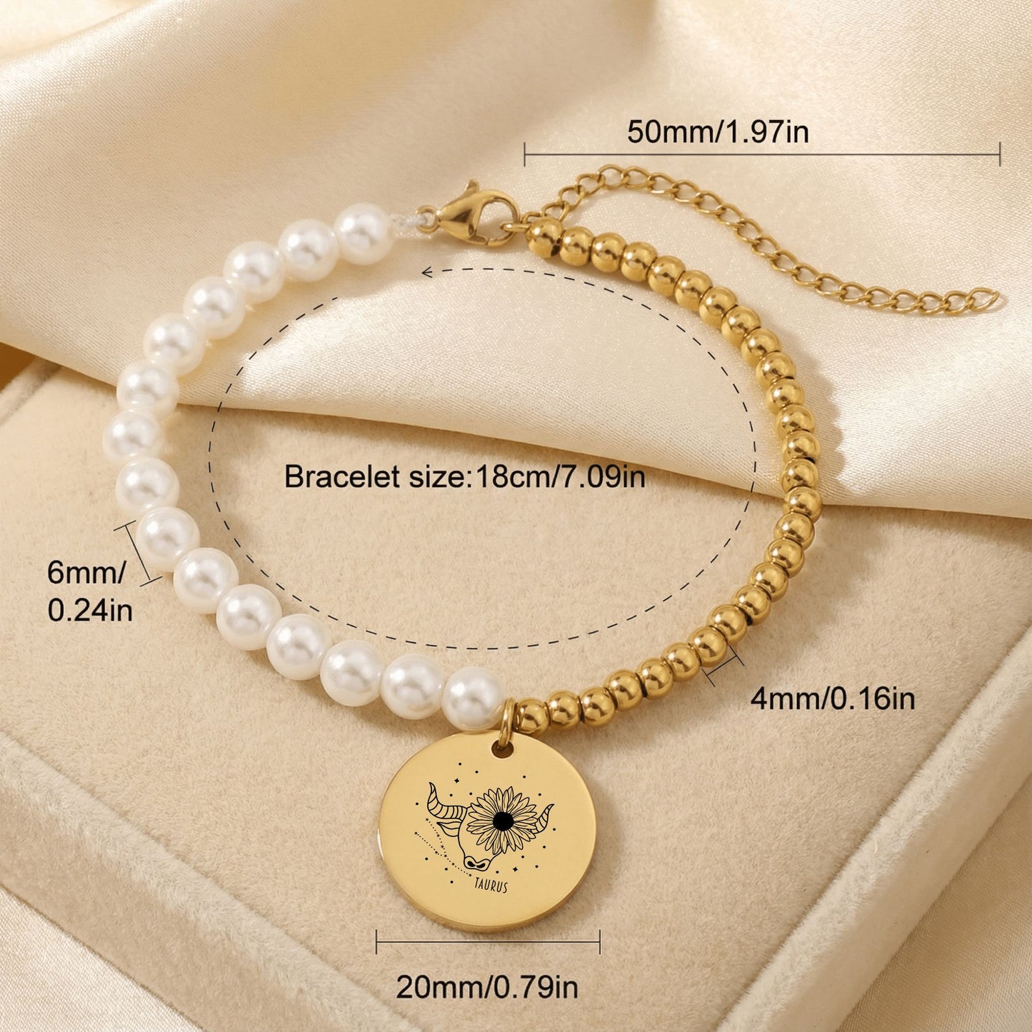 Taurus Premium Pearl & Gold Coin Bracelet: Mother of Pearl